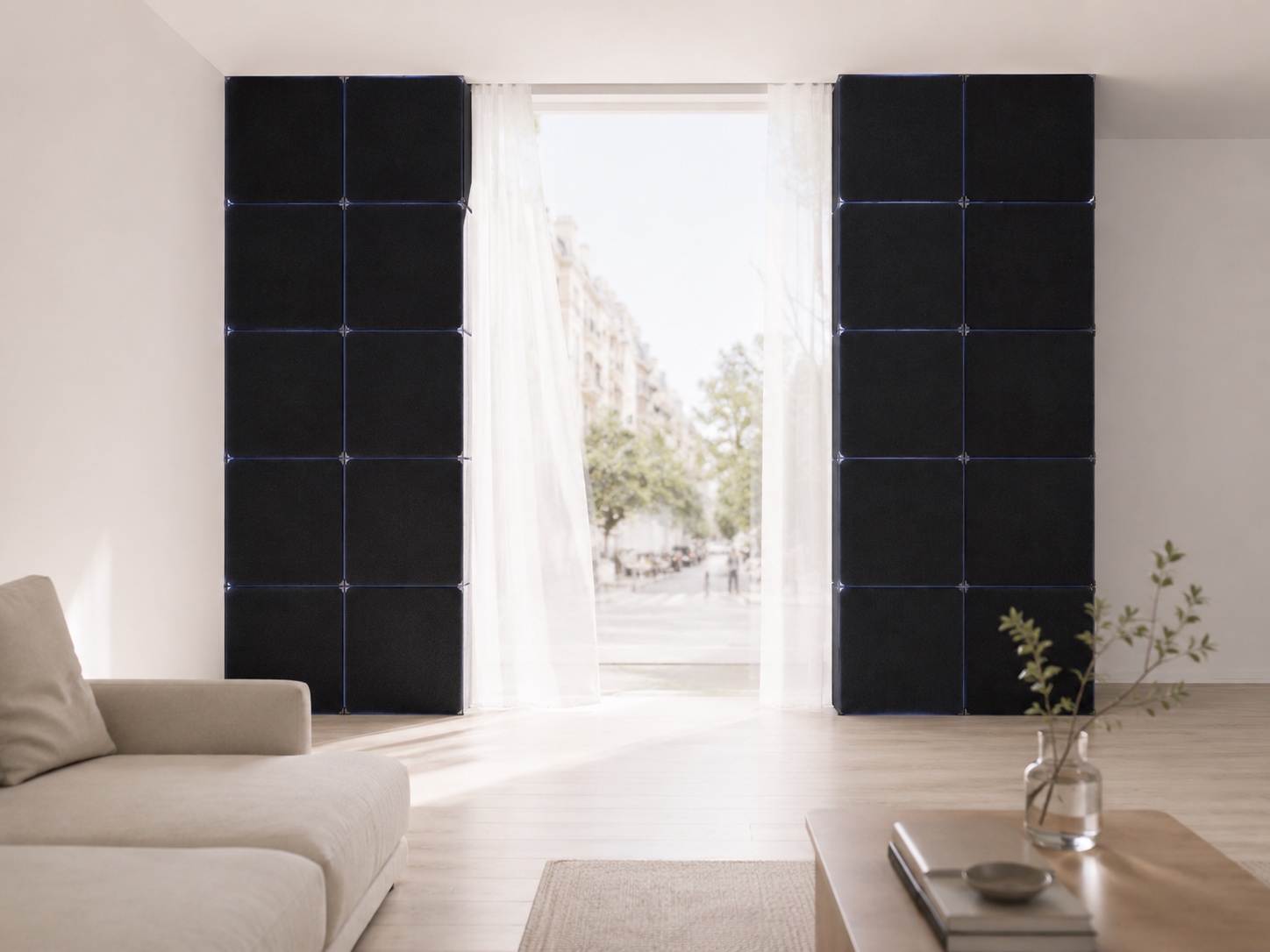 Cognition panels framing an open window, keeping airflow while cutting street noise.