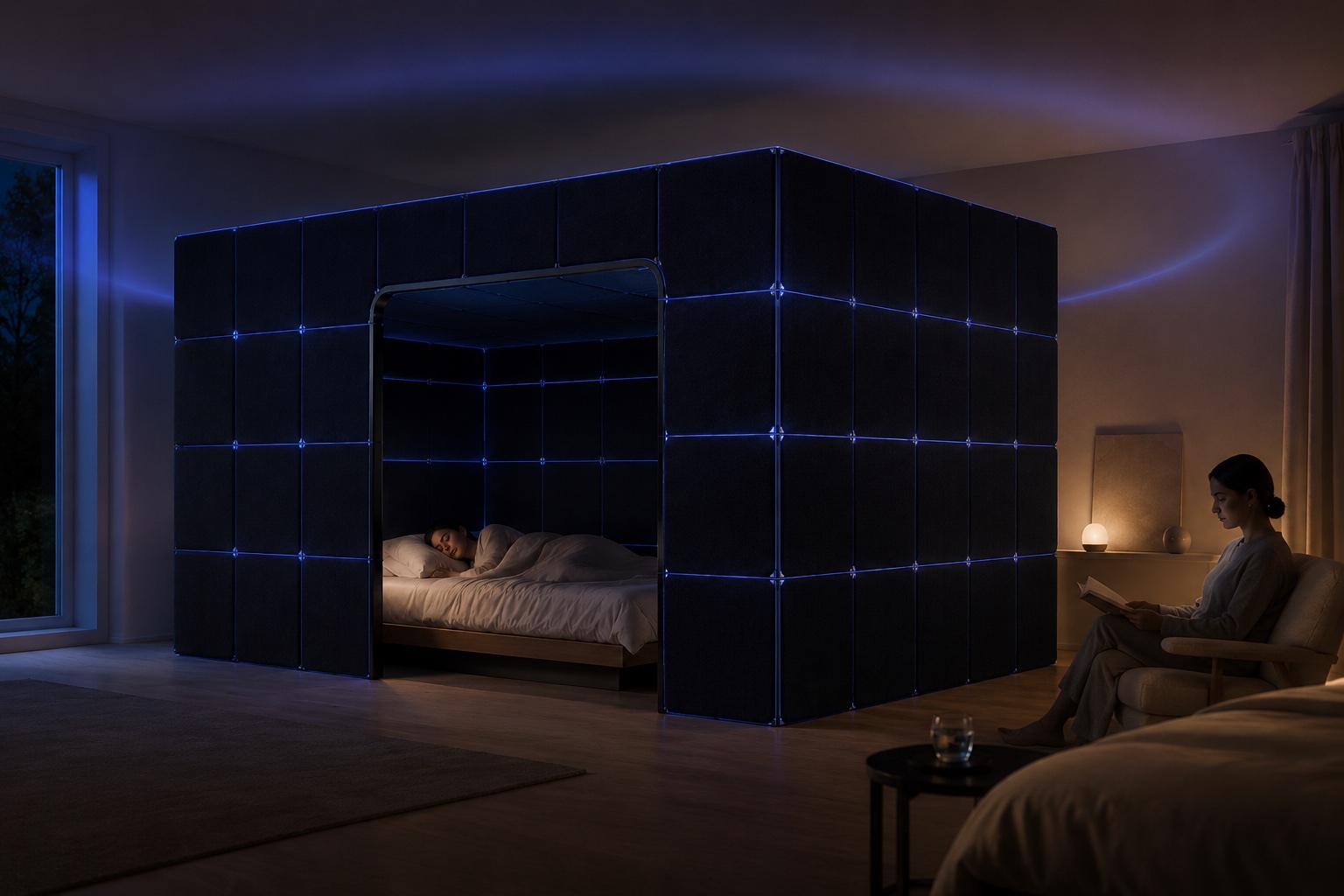 A Cognition full tent enclosing a bed at night — one person asleep inside while their partner reads across the room, undisturbed.