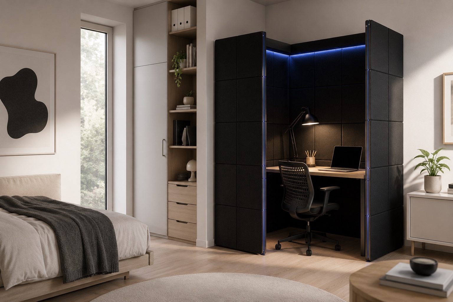 A Cognition panel wall forming a quiet home-office nook beside a sunlit window.